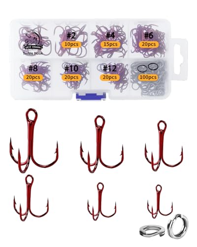 UCEC Fishing Hooks Treble Hooks Kit for Saltwater Freshwater, High Carbon Steel Strong Sharp Round Bend for Catfish Trout Hard Baits Lures, Size #1#2#4#6#8#10#12#14 110/50/210 Pack with Split Rings - style: 100pcs Split Rings & 105pcs Red Hooks #2 #4 #6 #