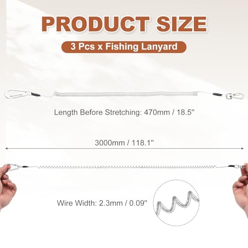 PATIKIL Fishing Lanyard, (118.11" Length, Silver) (3Pcs), Retractable Coiled Tether Anti-Lost Rope Coiled with Carabiners and 360° Safety Buckle, Suit for - Fishing/Hunting/Hiking/Boating - color: Silver, size: 118.11"