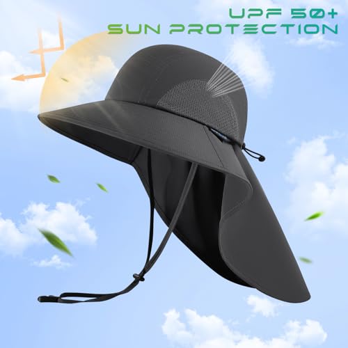 UPF 50+ Foldable Sun Hats Wide Brim with Large Neck Flap for Men Women UV Protection Gardening Fishing Beach Hat - color: Pack of 2, Beige & Dark Grey