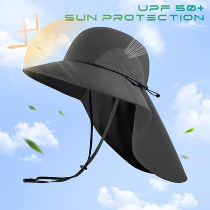 UPF 50+ Foldable Sun Hats Wide Brim with Large Neck Flap for Men Women UV Protection Gardening Fishing Beach Hat - color: Pack of 2, Beige & Dark Grey