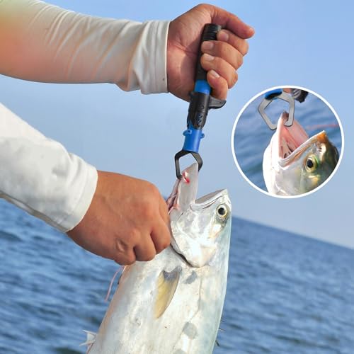 RoundFunny Fish Lip Gripper Pliers, Combo Fishing Tool Kit Stainless Steel Multifunction Hook Remover, Split Ring Pliers with Lanyards Sheath for Fly, Easter Fishing Basket Gift Gear Men Women - color: Blue