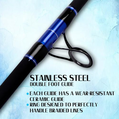 Fiblink Surf Fishing Rod Carbon Surf Spinning Rod Portable Travel Saltwater Beach Blue Surf Rod with SuperPolymer Handle 8'6"/9'/10'/12'/15' - style: 15ft--4pc--spin