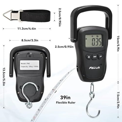Rechargeable Fish Scale, Digital Hanging Fish Weight Scale with Large Handle and Tape Measure for Fishing, Hunting, Outdoor, Farm, 110lb/50kg