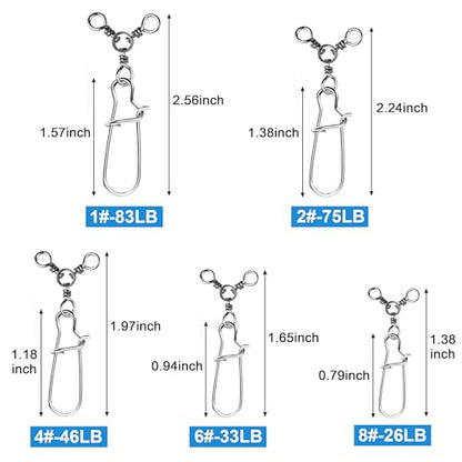 OROOTL 3 Way Snap Swivels Fishing Tackle, 50pcs Three Way Swivel with Duo Lock Snap Stainless Steel Cross Line Barrel Triple Swivels Snaps Connector for Saltwater Freshwater Fishing - size: 6#_33lb-50pcs