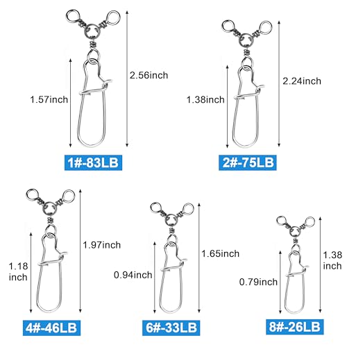 OROOTL 3 Way Snap Swivels Fishing Tackle, 50pcs Three Way Swivel with Duo Lock Snap Stainless Steel Cross Line Barrel Triple Swivels Snaps Connector for Saltwater Freshwater Fishing - size: 8#_26lb-50pcs