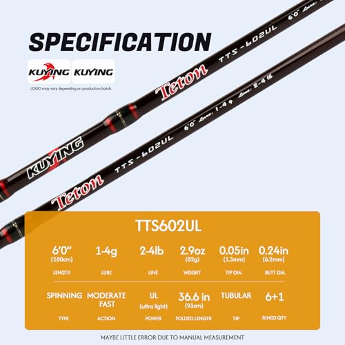 Teton 5'2"-6'6" BFS Fishing Rod Casting & Spinning, Ultra Light Rods, 40T Carbon Fiber Blank, Fuji Guides & Reel Seat, MF Fast Action, 2 Piece Travel Trout Lure Pole - size: Spin 6'0"-UL-M Fast-TTS602UL