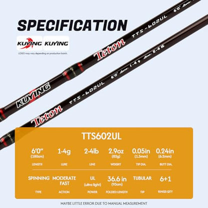 Teton 5'2"-6'6" BFS Fishing Rod Casting & Spinning, Ultra Light Rods, 40T Carbon Fiber Blank, Fuji Guides & Reel Seat, MF Fast Action, 2 Piece Travel Trout Lure Pole - size: Spin 6'0"-UL-M Fast-TTS602UL