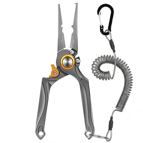 8” Lockable Fishing Pliers, Corrosion Resistant Saltwater Fishing Gear, Multi Purpose Fish Tool Braid Line Cutter Split Ring Hook Remover Crimper with Lanyard, Fishing Gifts for Men