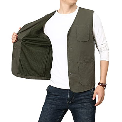 PRIJOUHE Men's Casual Outdoor Cotton Vest Lightweight Breathable Multi-Pocket Fishing Safari Travel Vests Outwear - color: 02-green, size: X-Large