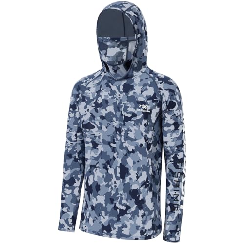 BASSDASH Men’s UPF 50+ Hooded Breathable Camo Shirts with Face Mask Lightweight Neck Gaiter Fishing Hiking Hoodie Shirt FS51M - color: Blue Camo, size: 3X-Large