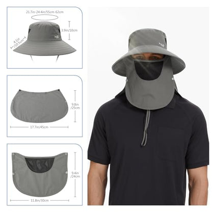 BASSDASH UPF 50+ Breathable Sun Hat with Removable Face Cover and Neck Flap Wide Brim Bucket Hat for Fishing Hiking Men Women - color: Light Grey