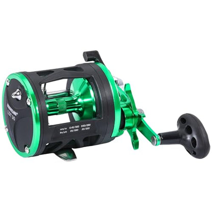 Sougayilang Round Baitcasting Fishing Reel –CNC Machined Aluminum Body Catfish Reel with 25LB Max Drag, Waterproof Trolling Reel with Level Wind & Magnetic Braking System for Musky Bass Pike - color: green-left handle