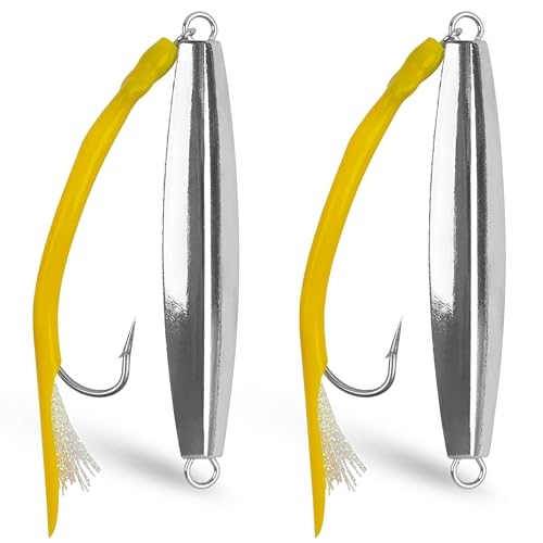Diamond Jig Saltwater Fishing Lure, 2/3pcs Casting Jigging Spoons with Split Tube Tail Striped Bass Flat Metal Jig for Surf Fishing Bottom Sinking Bouncing Deep Sea Ocean 1-10oz - size: 1oz, style: 2pcs-yellow