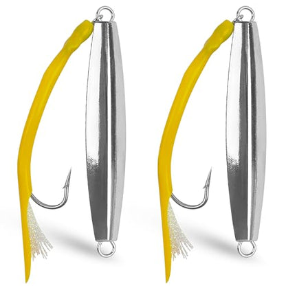 Diamond Jig Saltwater Fishing Lure, 2/3pcs Casting Jigging Spoons with Split Tube Tail Striped Bass Flat Metal Jig for Surf Fishing Bottom Sinking Bouncing Deep Sea Ocean 1-10oz - size: 4oz, style: 2pcs-yellow