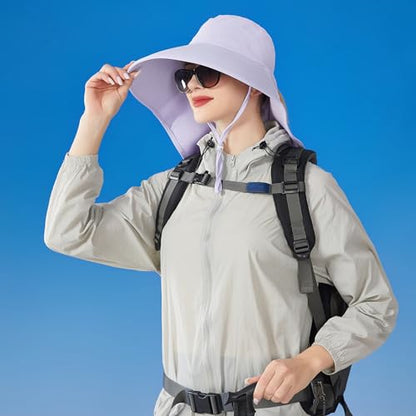 HUAMULAN Men Summer Sun Hat Women Safari Wide Brim Fishing Hats UV Protection Neck Flap Bucket Gardening Hiking Hunting Cap - color: Bg8112-lightpurple