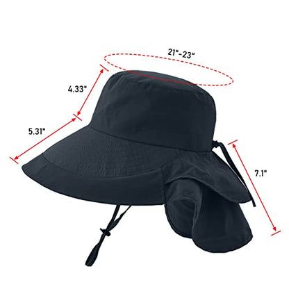 Womens Sun Hat UPF 50+ Wide Brim and Ponytail Hole, Hiking Safari Hat with Neck Flap… - color: Black
