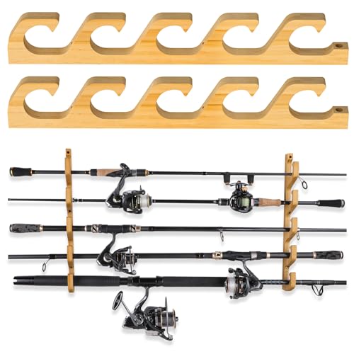 PLUSINNO H5W Horizontal Fishing Rod/Pole Holders for Garage, Wall or Ceiling Mounted Rack, Solid Wood Fishing Rod Holder Holds up to 5/10/20 Rods or Combos Fishing Gear, Gifts for Men - color: 1pack(store 5 fishing rods or combos)
