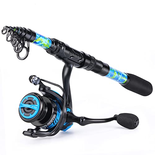 Sougayilang Telescopic Fishing Rod and Reel Combo – Full Kit with Carrier Bag, 11+1 Bearings Spinning Reel, Carbon Fiber Travel Pole for Bass, Trout, Catfish, Redfish – Saltwater Freshwater - color: Blue Full Kit with Carrier Case, size: 7.9 ft