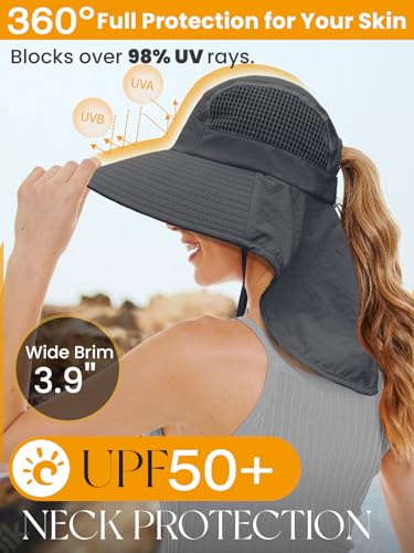 Sun Hats for Women UV Protection with Neck Flap Wide Brim Beach Hats with Ponytail Hole for Hiking Fishing Gardening Travel - color: Dark Grey