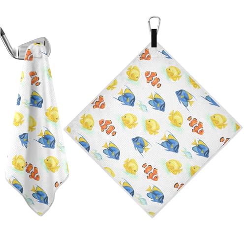 Fish 2 Pack Waffle Pattern Golf Towels, 17.7"x17.7" Square Golf Towel with Carabiner Clip and Magnetic Snap for Cleaning Golf Ball, Club