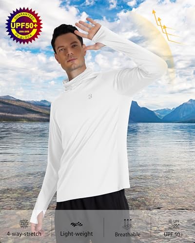 Roadbox Men's UPF 50+ Hooded Fishing Shirts Long Sleeve Sun Protection Hoodie, Hiking Running Swimming Rash Guard with Mask - color: White, size: Large