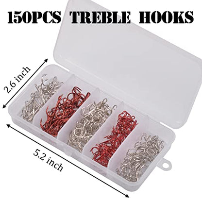 Fishing Treble Hooks Kit, Sharp Replacement Treble Hooks for Lures Baits, High Carbon Steel Fishing Hooks with Stainless Steel Split Rings Set for Bass Trout Walleye Pike - color: Red+Silver_150pcs
