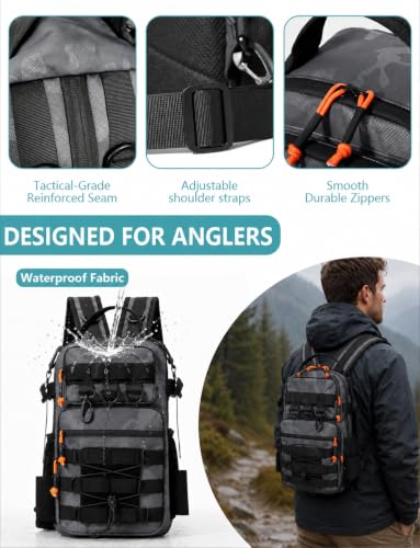 2 in 1 Compact Tactical Fishing Backpack with Tackle Boxes, Lightweight Waterproof Tackle Bag Fit 2 * 3600 Tackle Boxes, 2 Rod Holders Storage, Fishing Accessories Gift for Men Gray - color: Gray
