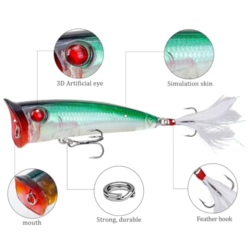 Popper Fishing Lures Topwater Fishing Baits Hard Baits 3D Eyes Swimbait Crankbait with Treble Hook for Bass Trout Freshwater Saltwater - color: 6pcs-3in/0.39oz