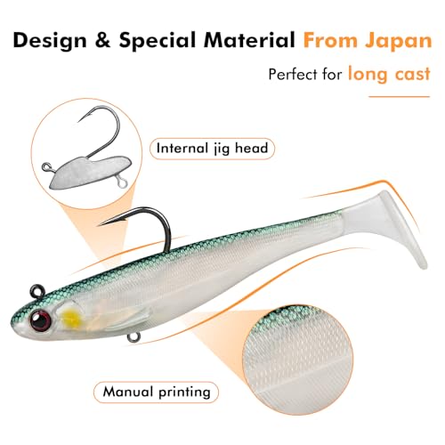 TRUSCEND Shadtale Easy Catch Soft Fishing Lures with BKK Hooks - Trembly Sinking and Vibrating Swim for More Bites, Pre-Rigged Swimbaits for Bass, Trout, Crappie, Walleye, Freshwater Saltwater Fishing - color: 5",1.2oz