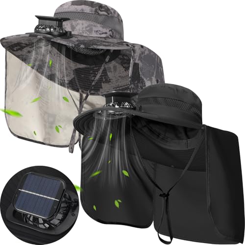 Maiteenly 2 Pcs Solar Fan Hat for Men with Neck Flap Bucket Fan Buit in Hats for Hiking Fishing Outdoor USB and Solar Powered - color: Dark Gray,black