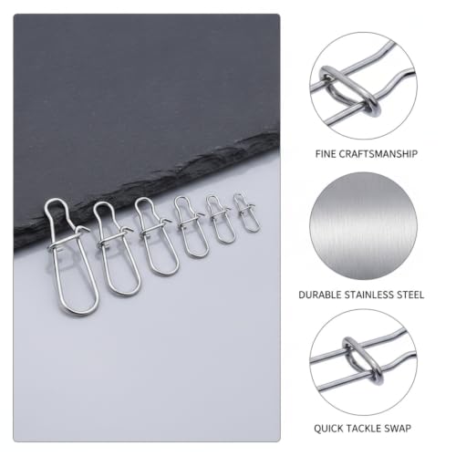 100-Pack Fishing Snap Connectors, Stainless Steel Lure Snaps for Quick Tackle Swapping, Assorted Sizes Saltwater and Freshwater Terminal Tackle Accessories - size: 3.54 x 2.76 x 0.79"