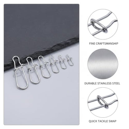 Gourd-Shape Stainless Steel Lure Snaps, Silver Finish Quick-Change Connectors for Saltwater and Freshwater Fishing Tackle (100-Pack Assorted Sizes) - size: 3.54 x 2.76 x 0.79"