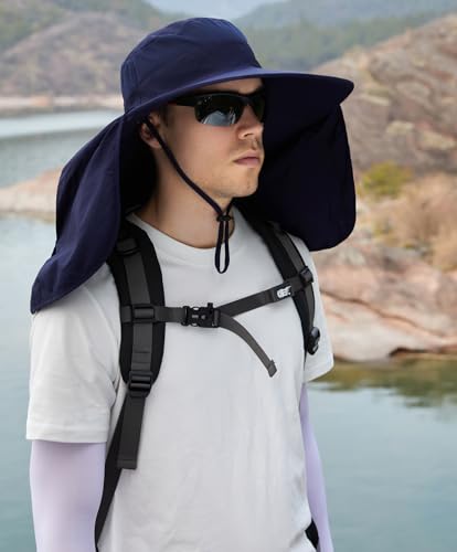 HUAMULAN Women Large Brim Sun Hat with Neck Flap, Men Quick Dry Hiking Fishing Safari Hat UPF 50+ - color: Navy With Mesh Panel
