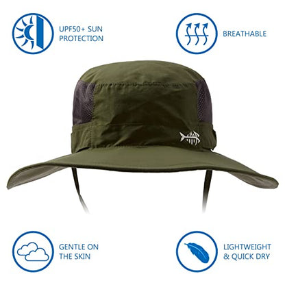 BASSDASH UPF 50+ Sun Fishing Hat Water Resistant with Detachable Neck Flap - color: Army Green - Big Head Size