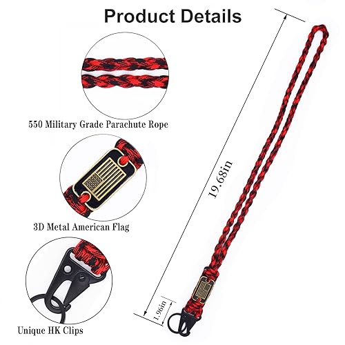 Heavy Duty Braided Paracord Lanyard Keychain with USA Flag, Parachute Rope Necklace Keychains, Braided Strong Lanyard - color: 2 Pcs Red Camo