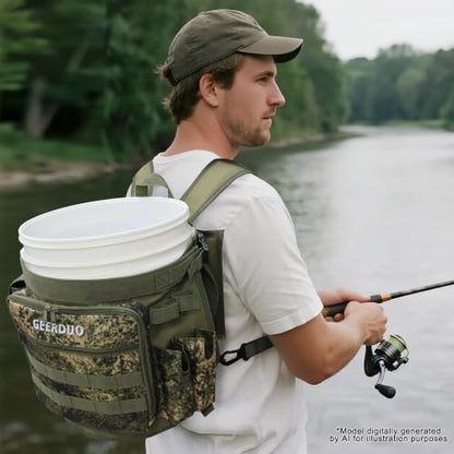 Fishing Bucket Backpack with Rod & Plier Holder and Pockets for Fishing, Hunting, Apple Picking for 5 Gallon Bucket (Camo) - color: Camo