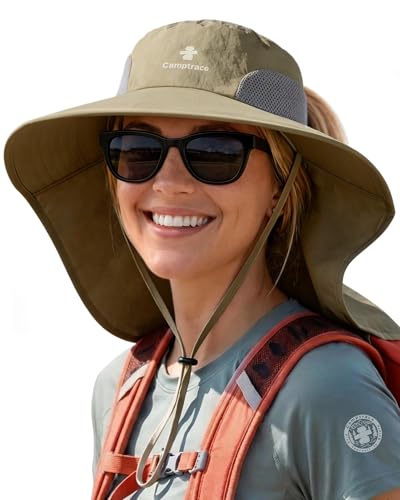 Camptrace Sun Hats for Women Men UPF 50+ UV Protection Wide Brim Hiking Fishing Hat with Neck Flap - color: 08-dark Khaki