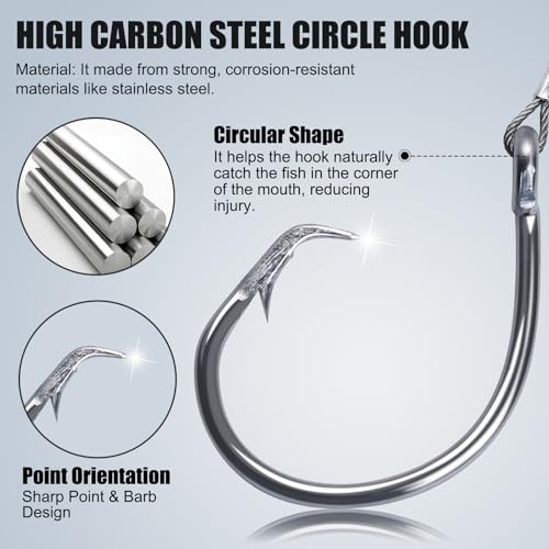 2 Pack Pre-Tied Shark Fishing Hook Rigs Heavy Duty Stainless Leader Wire and Big Game Circle Hooks 14/0 16/0 18/0 Ideal for Deep Sea Fishing Shark Tuna Halibut - size: 16/0 - 2 PCS