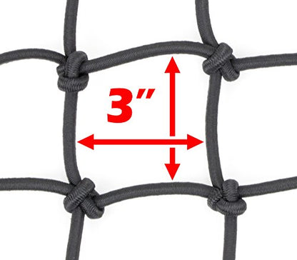 PowerTye 15in x 30in EXTREME Duty Cargo Net with 5mm Premium Elastic - 3in x 3in Mesh and Rubber-Tipped Super Strong Metal Hooks - Black