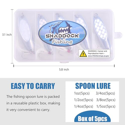 5 Pcs Fishing Spoon Lures Kit - Casting Master Spoon Metal Jig Trout Lures for Saltwater Freshwater, Reflective Spoons Bait with Treble Hooks Fishing Tackle 1/5 OZ - 1 OZ - size: 3/4 oz ( 5 pcs/1 box)