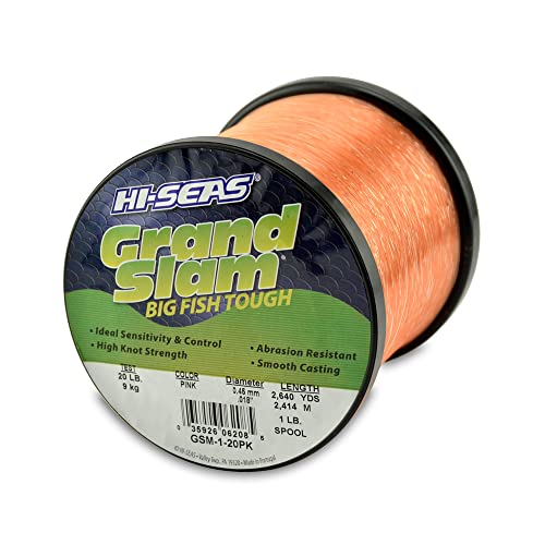 HI-SEAS Grand Slam Monofilament Fishing Line - Strong & Abrasion Resistant in Clear, Pink, Green, Smoke Blue, Fluorescent Yellow Freshwater & Saltwater - 1 lb Spool - color: Pink, style: 20 Lb Test, 0.45 Mm Dia, 2640 Yd