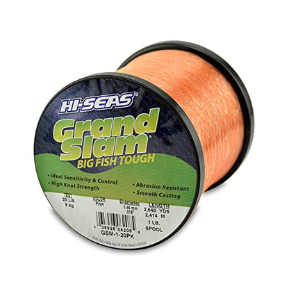 HI-SEAS Grand Slam Monofilament Fishing Line - Strong & Abrasion Resistant in Clear, Pink, Green, Smoke Blue, Fluorescent Yellow Freshwater & Saltwater - 1 lb Spool - color: Pink, style: 20 Lb Test, 0.45 Mm Dia, 2640 Yd