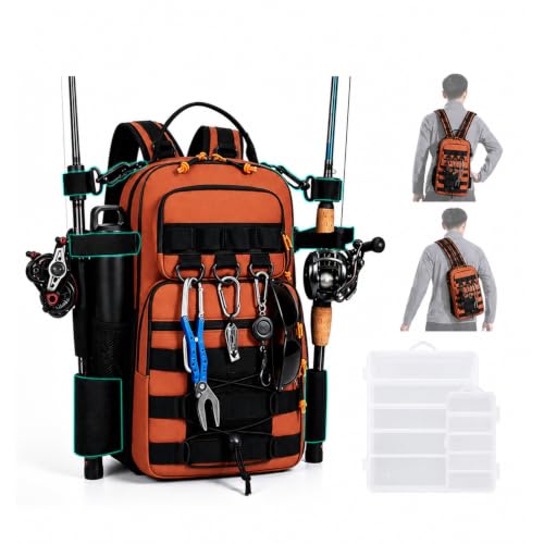 2 in 1 Compact Tactical Fishing Backpack with Tackle Boxes, Lightweight Waterproof Tackle Bag Fit 2 * 3600 Tackle Boxes, 2 Rod Holders Storage, Fishing Accessories Gift for Men Orange - color: Orange