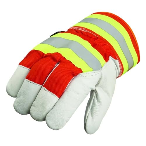 SAFEGEAR Goatskin Hi-Vis Gloves, Cotton Fleece Lined, Rubber Cuff, 1 Pair - size: Medium
