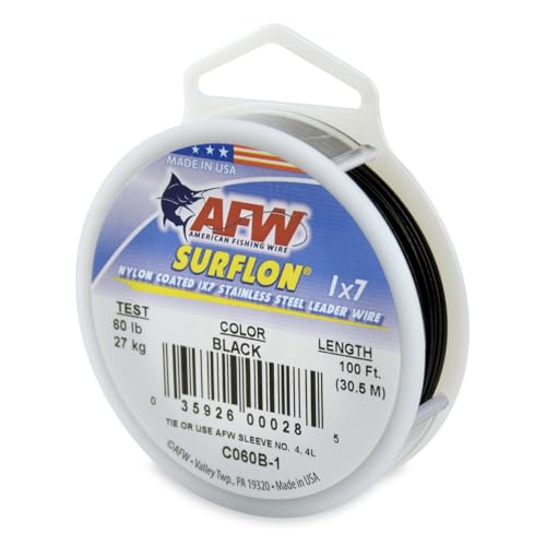 American Fishing Wire Surflon Nylon Coated 1x7 Stainless Steel Wire Leader - Wire Fishing Leader Line for Saltwater 10lb Up To 250lb Test in Bright, Black, Camo in 30ft, 100ft, 300ft, & 1000ft Lengths - color: Black, style: 100 Feet, 60 Pound Test