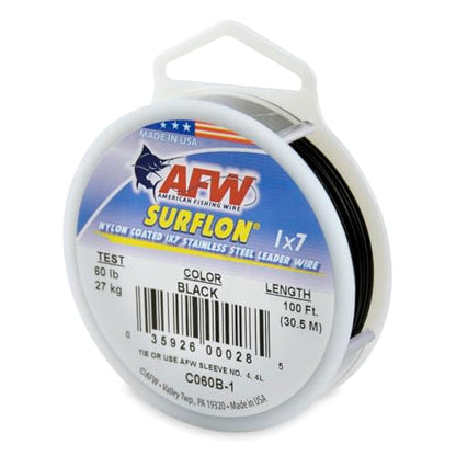 American Fishing Wire Surflon Nylon Coated 1x7 Stainless Steel Wire Leader - Wire Fishing Leader Line for Saltwater 10lb Up To 250lb Test in Bright, Black, Camo in 30ft, 100ft, 300ft, & 1000ft Lengths - color: Black, style: 100 Feet, 60 Pound Test