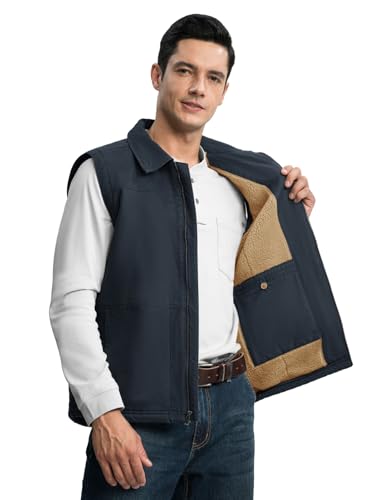 TBMPOY Men's Winter Vest Casual Sherpa Fleece lined Full Zip Lightweight Vest Outerwear Warm Cotton Travel Jackets - color: Deep Blue, size: Large
