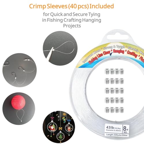 Aboda Clear Fishing Line 0.2-1 mm, Strong Invisible Nylon Fishing Wire 8-100 lb Test Includes Crimp Sleeves, Clear String for Hanging Decorations Balloons Garlands Beading Crafts & Jewelry - size: 0.3mm, 656ft, 17lb
