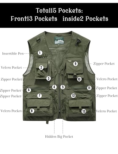 Men's Lightweight Mesh Fishing Vest Utility Outdoor Multi-Pocket Hunting Cargo Vest - color: Army Green, size: XX-Large