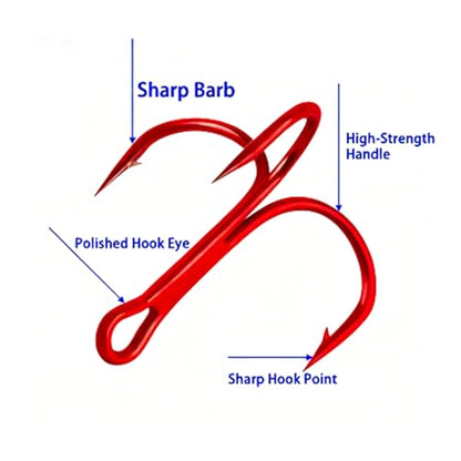 Persei 100pcs Fishing Hook Treble Hooks High Carbon Treble Hooks Super Sharp Solid Size 2 4 6 8 10 12 Triple Barbed Steel Fish Hook - color: Red, size: 10#-100pcs